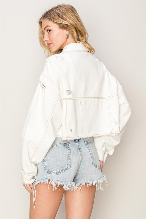 Asymmetrical Distressed White Denim Jacket