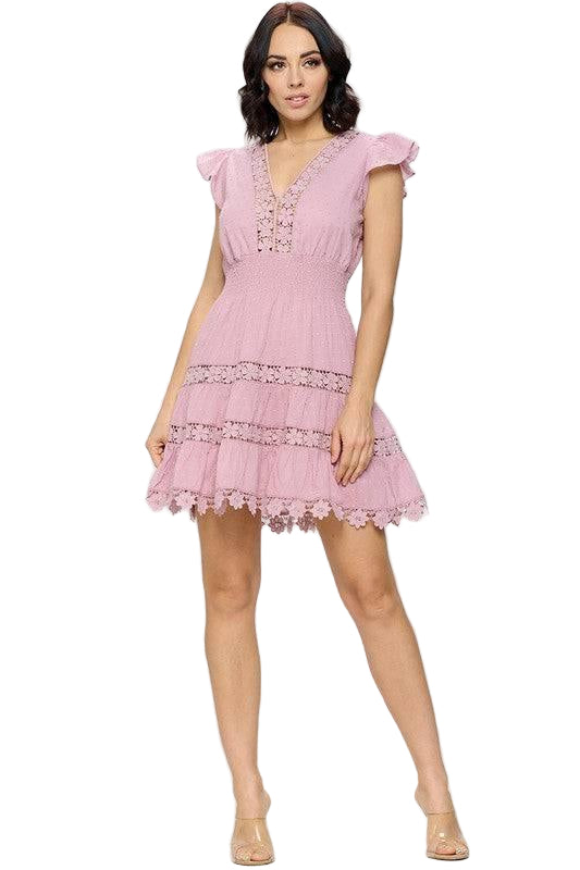 Dusty Pink Crochet Lace Tiered Mini Dress Large