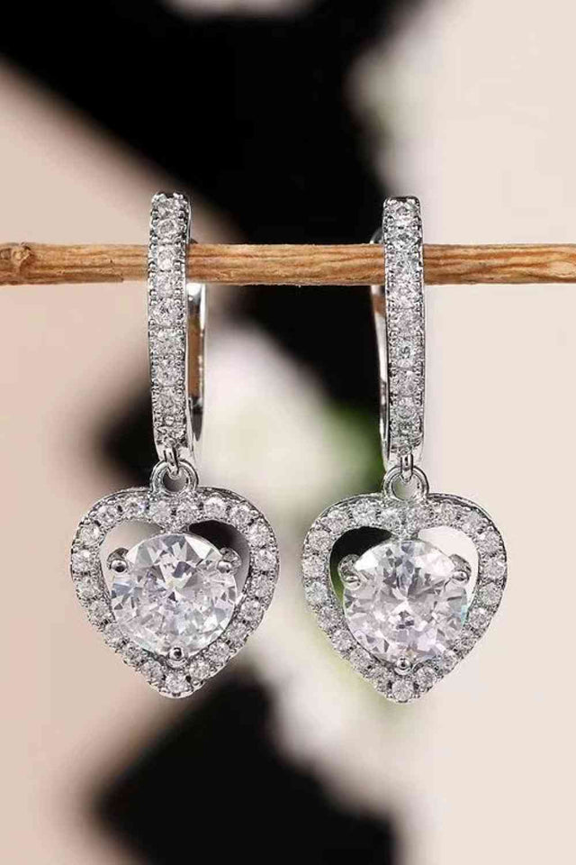 Elegant 2 Carat Moissanite Platinum-Plated Heart Drop Earrings