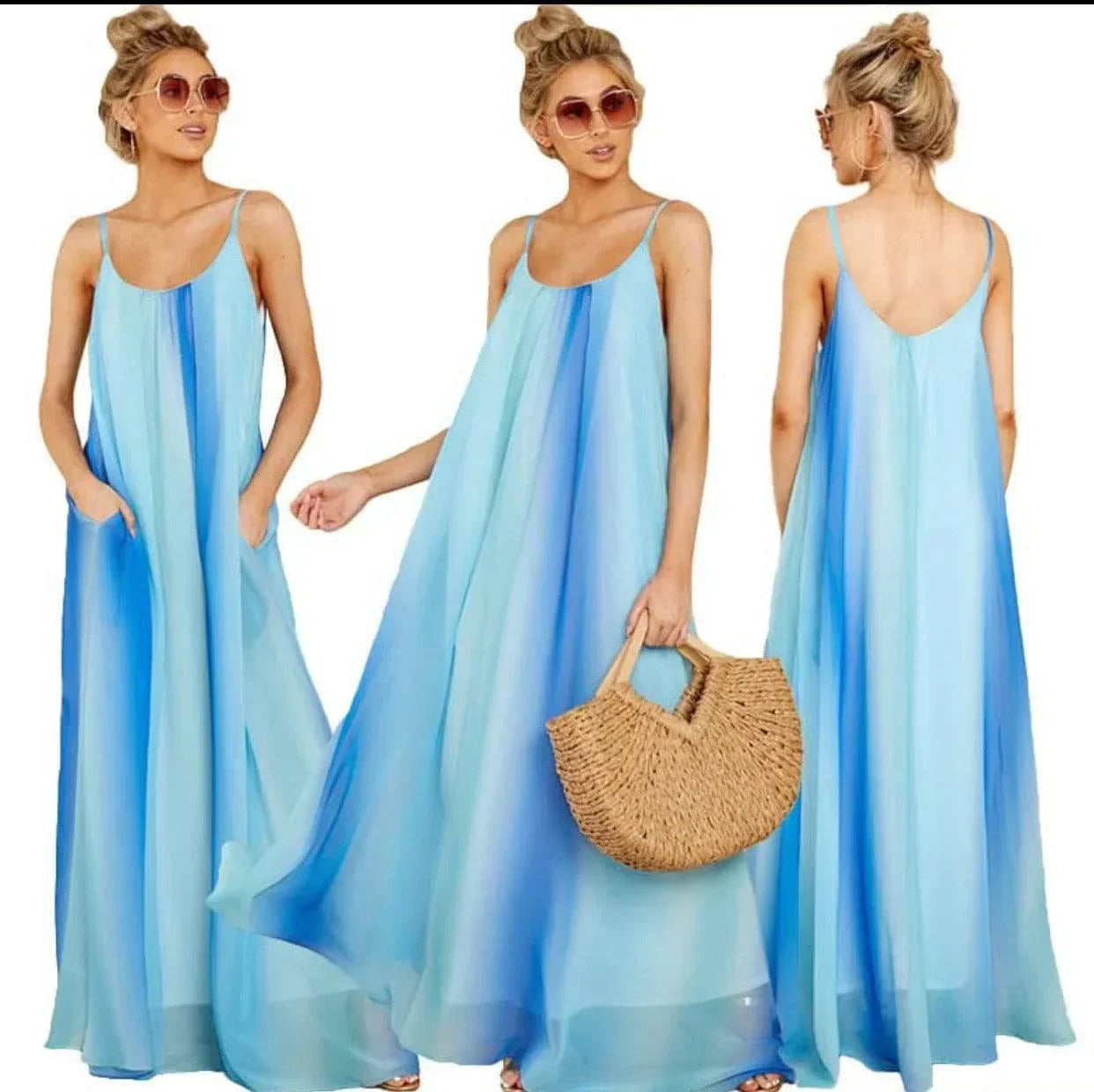 Women's Gradient Chiffon Spaghetti Strap Maxi Dress with pockets large Women's Gradient Chiffon Spaghetti Strap Maxi Dress with pockets large