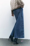 Edgy Elegance: Women's Distressed Denim Maxi Pencil Skirt