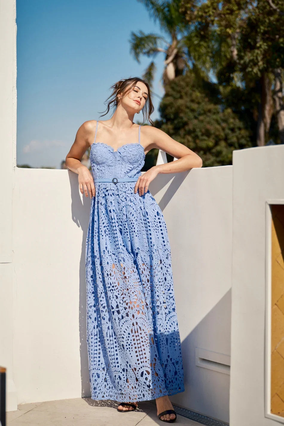 Ina Lace Maxi Spaghetti Strap Dress with Belt Large / White Ina Lace Maxi Spaghetti Strap Dress with Belt Large / White