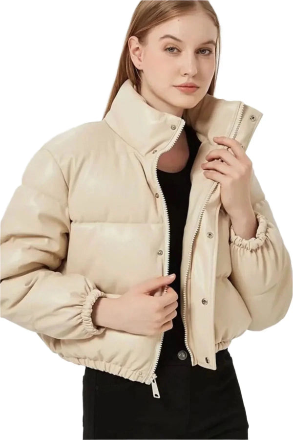 Beige Puffer Windbreaker Faux Leather Crop Jacket