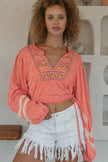POL Coral Tie-Up Embroidered Crop Top