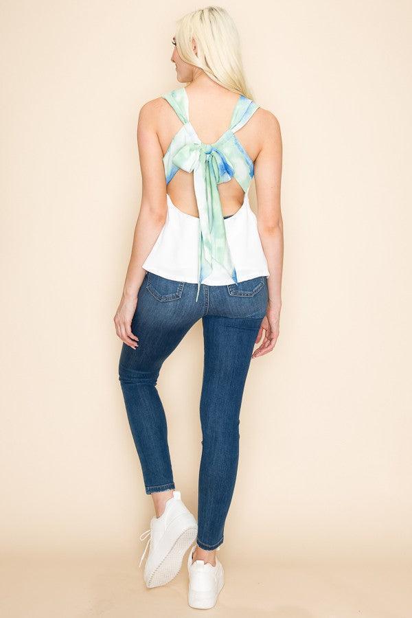 Ina Sleeveless Tank Top with Ocean Teal Blue Back Scarf Print Detail - Cape Cod Fashionista