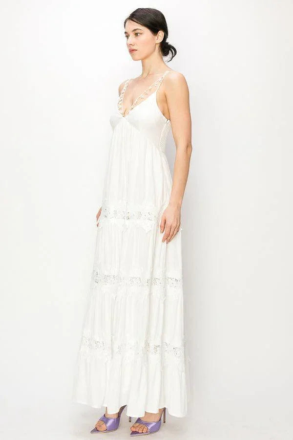 Sweetheart Tiered Floral Lace Trim Maxi Dress - Cape Cod Fashionista