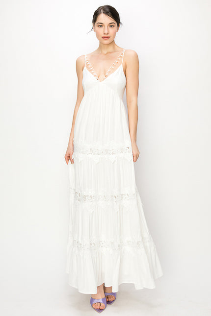 Sweetheart Tiered Floral Lace Trim Maxi Dress
