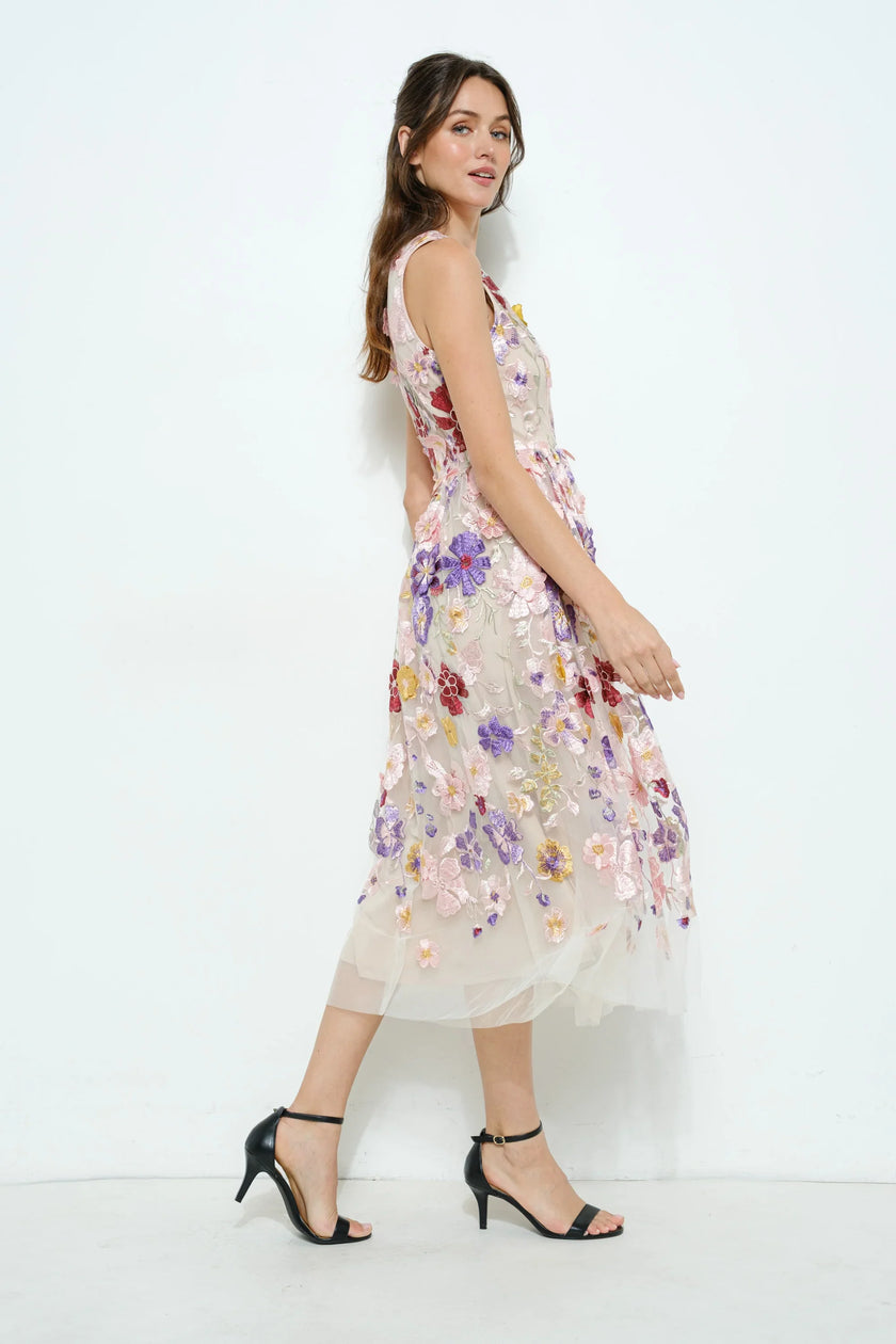 Ina Embroidered Floral Tulle Midi Dress