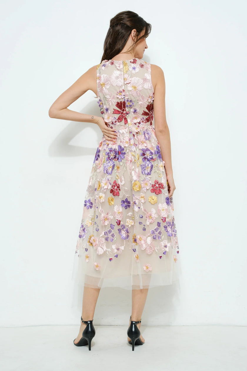 Ina Embroidered Floral Tulle Midi Dress