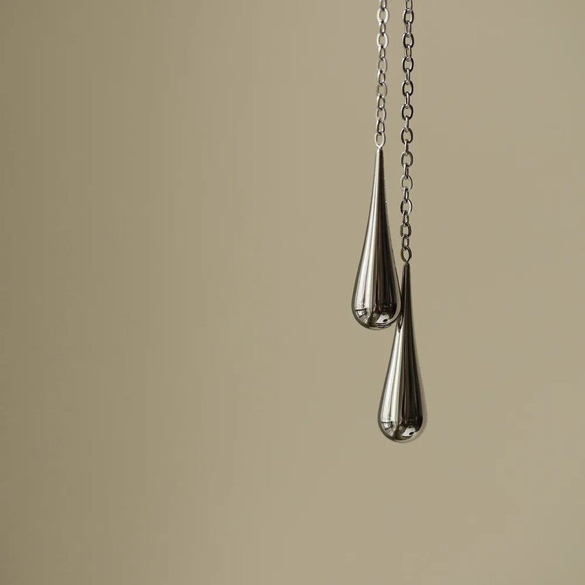 Long Teardrop Chain Drop Earrings | Silver Stainless Steel