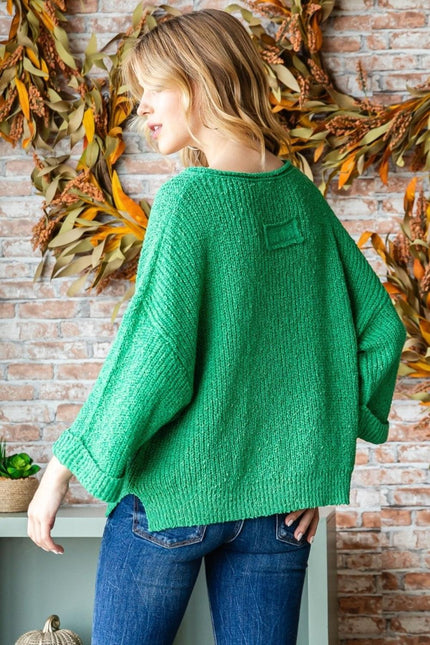 Veveret Notched Long Sleeve Sweater - Cape Cod Fashionista