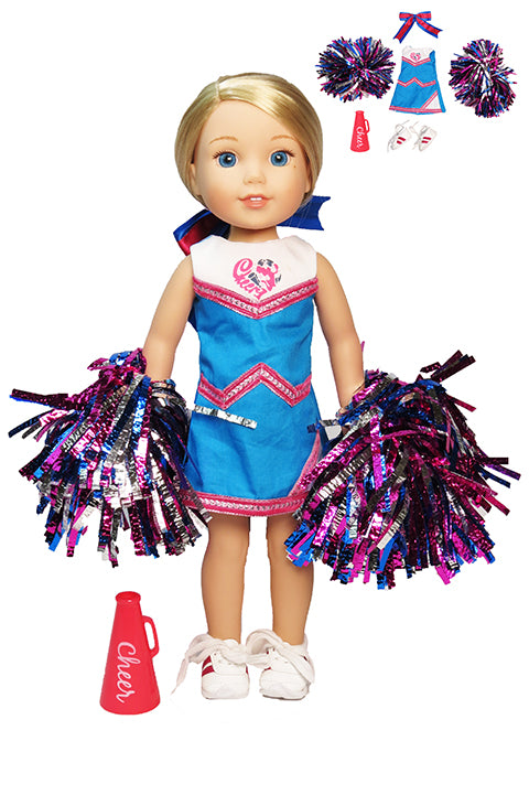 Cheerleader Outfit Uniform Pom Poms Shoes Megaphone Bow Fits 14.5 Inch Doll Wellie Wishers