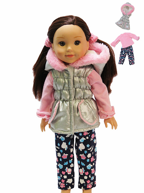 Winter Outfit  Puffer Vest Floral Pants 3 Piece Set fits 14 Inch Doll Wellie Wishers