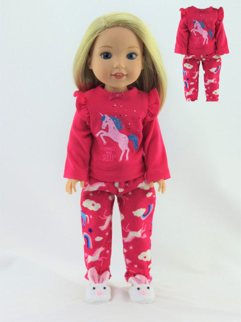 14.5 Inch Doll Pink Unicorn Rainbow Pajamas Set Fits American Girl Wellie Wishers