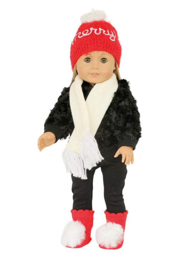 18 Inch Doll Christmas Hat Mittens Red Merry Pom Pom Fits American Girl