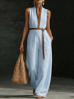 Women’s Belted Sleeveless Wide Leg Vacation Jumpsuit