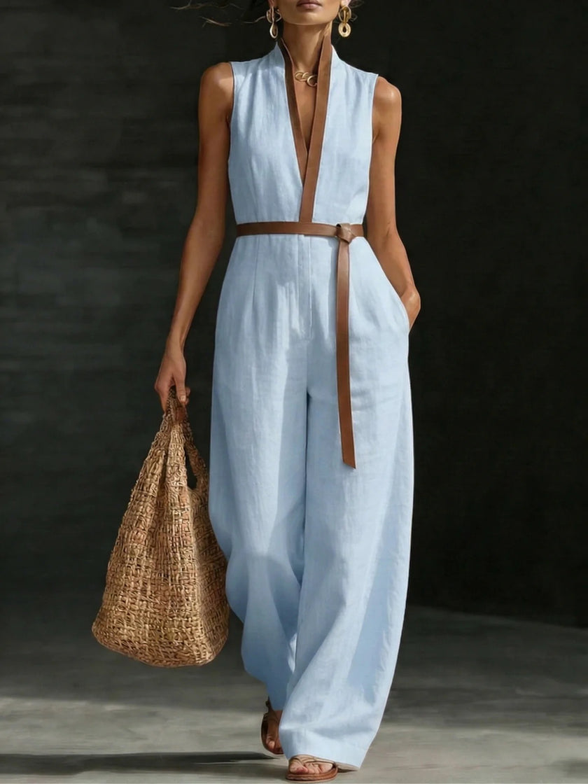 Women’s Belted Sleeveless Wide Leg Vacation Jumpsuit