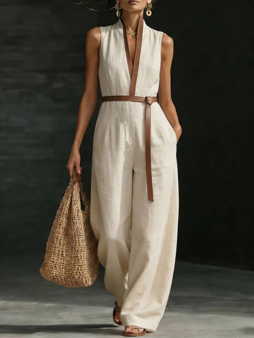 Women’s Belted Sleeveless Wide Leg Vacation Jumpsuit