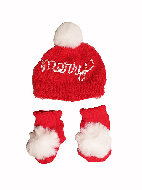 18 Inch Doll Christmas Hat Mittens Red Merry Pom Pom Fits American Girl