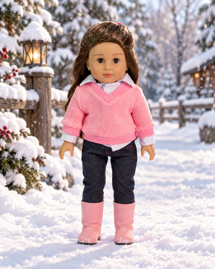 Pink Sweater Outfit Striped Shirt Jeans Boots Fits 18 Inch Doll  American Girl
