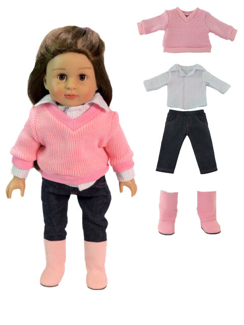 Pink Sweater Outfit Striped Shirt Jeans Boots Fits 18 Inch Doll  American Girl