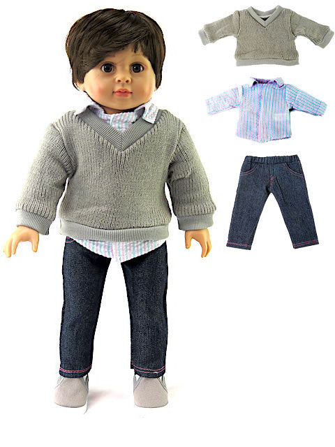 Pink Sweater Outfit Striped Shirt Jeans Boots Fits 18 Inch Doll  American Girl