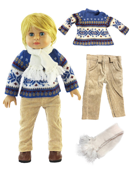 18 Inch Boy Doll Clothes Blue Fair Isle Sweater Pants Scarf Fits American Girl