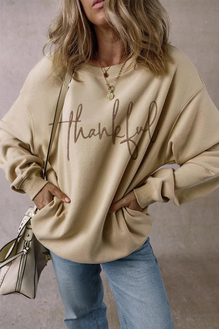 THANKFUL Round Neck Long Sleeve Sweatshirt - Cape Cod Fashionista