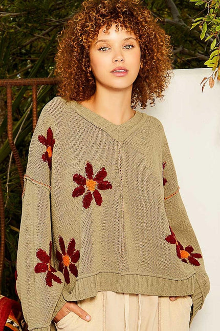 POL V-Neck Floral Pattern Chenille Sweater - Cape Cod Fashionista