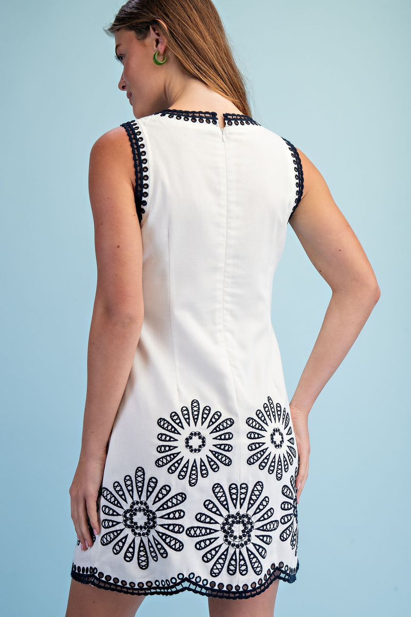 Women’s White Embroidered Linen Blend Mini Dress with Pockets