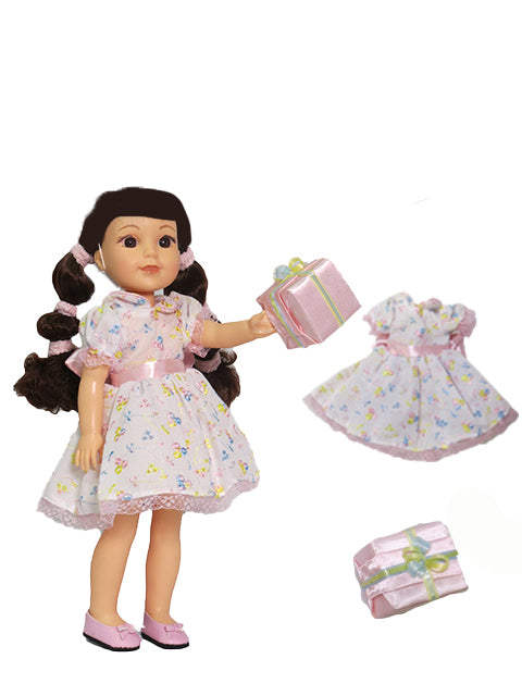 Birthday Party Pink Floral  Dress with Gift Box, 2 Piece Set fits 14 Inch Doll Wellie Wishers