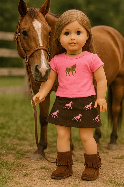 2 Piece Pink & Brown Horse Corduroy Outfit for American Girl Doll