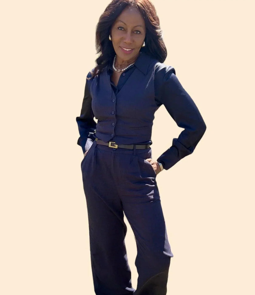 Chic Linen Navy Blue Tailored Vest & Wide Leg Pant Set
