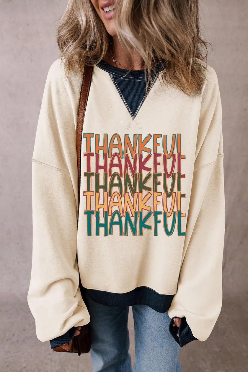 THANKFUL Round Neck Long Sleeve Sweatshirt - Cape Cod Fashionista
