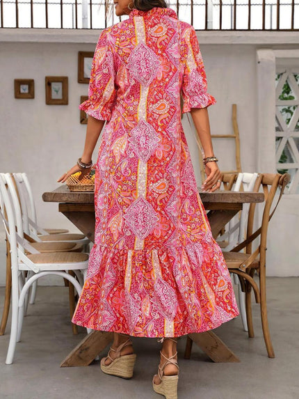 Printed Tie Neck Flounce Sleeve Midi Dress - Cape Cod Fashionista