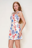 coastal summer mini dress for women in ivory blue red and orange print