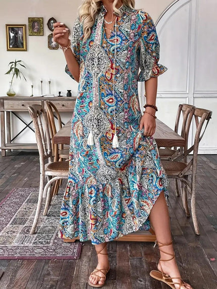 Printed Tie Neck Flounce Sleeve Midi Dress - Cape Cod Fashionista