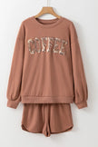 COFFEE Sequin Round Neck Long Sleeve Top and Shorts Set - Cape Cod Fashionista