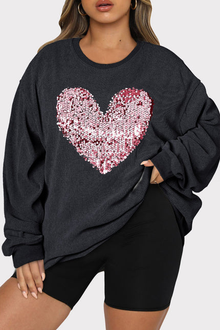 Plus Size Heart Sequin Round Neck Sweatshirt - Cape Cod Fashionista