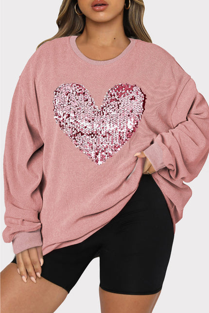 Plus Size Heart Sequin Round Neck Sweatshirt - Cape Cod Fashionista