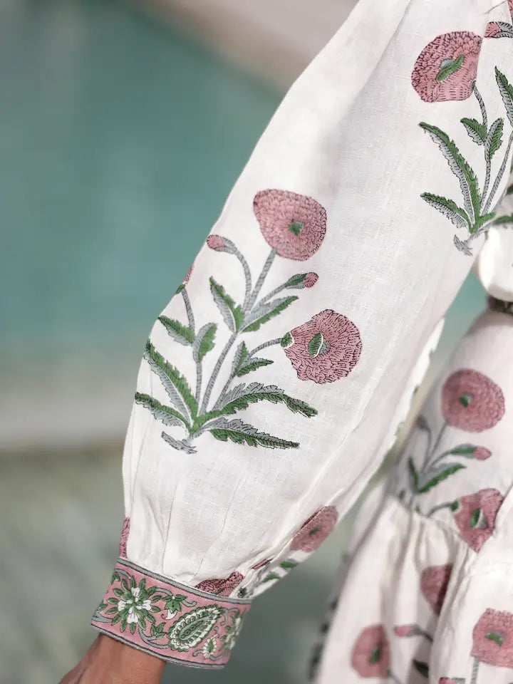 Mykonos Indigo Flower Dress—100% European linen with pockets