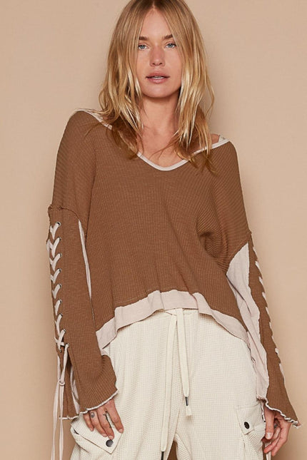 POL Lace-Up Sleeve Color Block Ribbed Knit Top - Cape Cod Fashionista