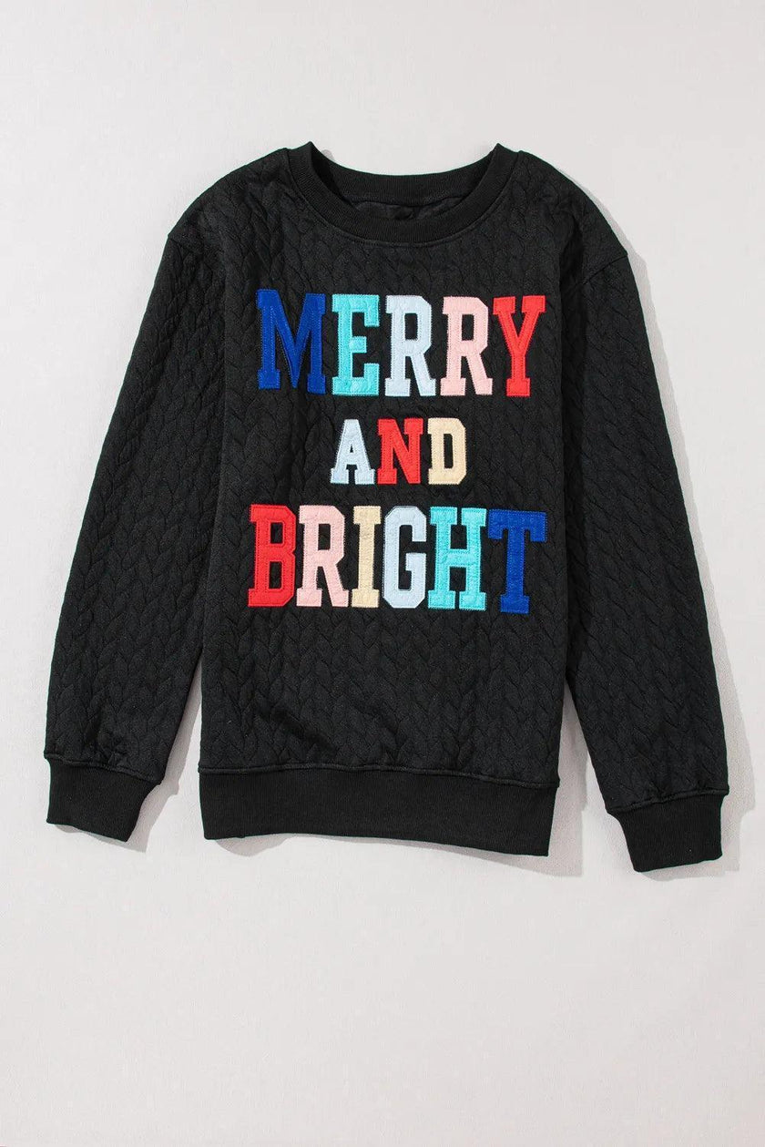 Full Size MERRY AND BRIGHT Cable Knit Pullover Sweatshirt - Cape Cod Fashionista