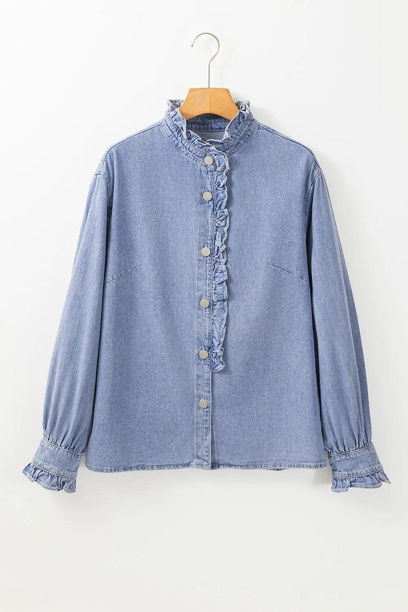 Frill Button Up Long Sleeve Denim Top - Cape Cod Fashionista