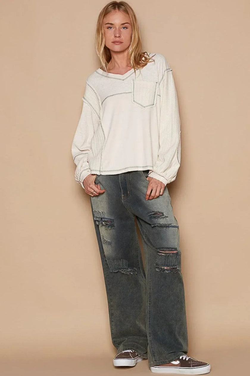 POL V-Neck knit Panel Exposed Seam Top - Cape Cod Fashionista