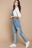 POL Front Chest Zipper Slim Leg Denim Overalls