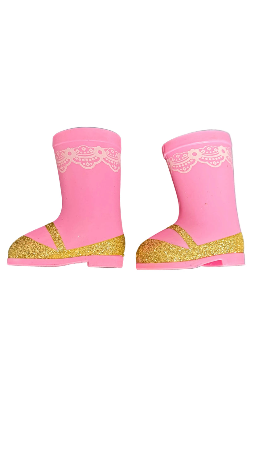 American Girl Wellie Wishers pink boots with gold sparkle Cape cod fashionista