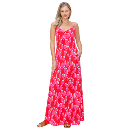 Artistic Allure: Abstract Print Jersey Slip Fully Lined Maxi Dress with Pocket