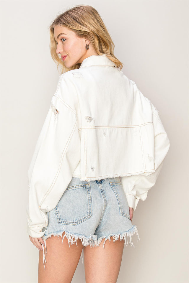Dreamy White Asymmetrical Distressed White Denim Jacket