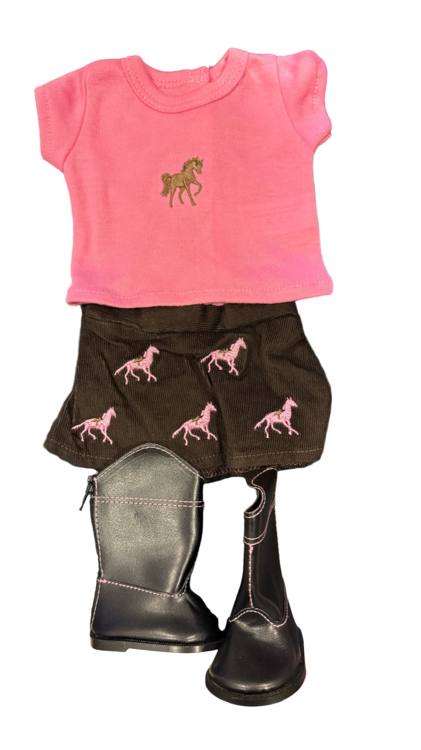 3 PC Pink Horse Tee & Corduroy Skirt Outfit
